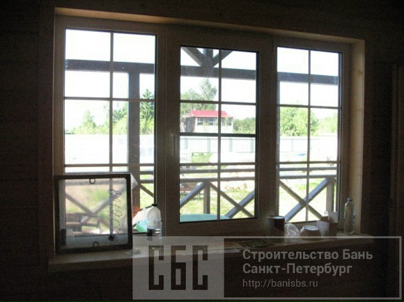 Баня 6х6м из профилированного бруса 150х150мм с террасой 3х6м под общей кровлей