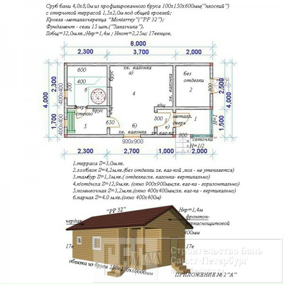 Сруб бани 4х8м с открытой террасой 1,5х2м под общей кровлей