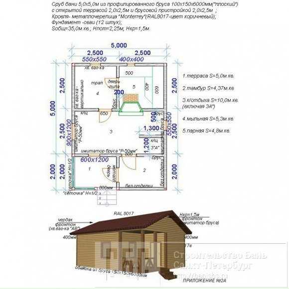 Сруб бани 5х7м из профилированного бруса 100х150мм