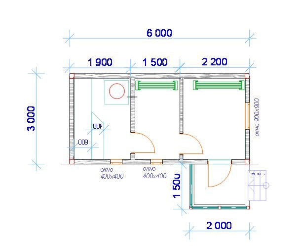 Баня 3х6м с открытой террасой 1,5х2м