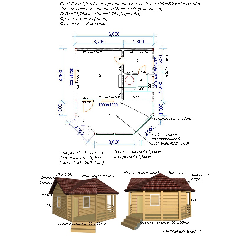 Брусовая баня 4х6 с террасой 12,75кв.м