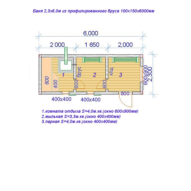Готовая перевозная баня 2,3х6м с правым входом